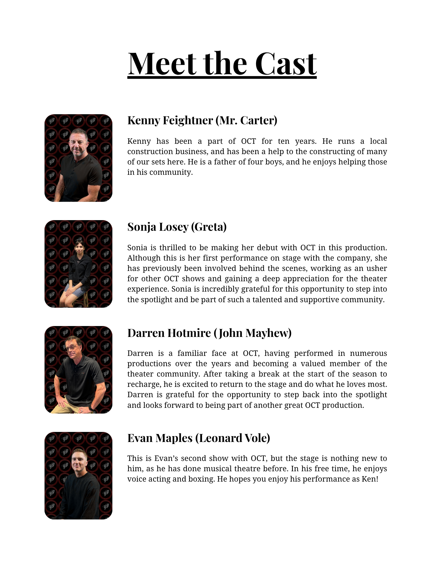 Introduction page with cast photos and bios for a theatrical production, featuring Kenny Feightner, Sonja Losey, Darren Hotmire, and Evan Maples.