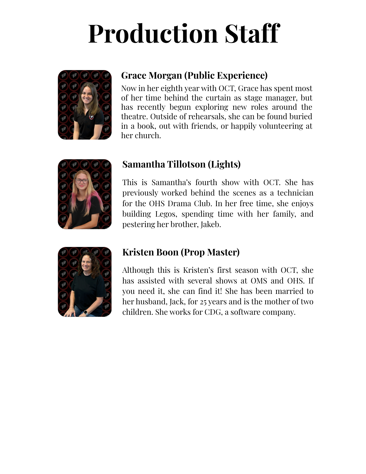 Page with headshots and descriptions of three production staff members: Grace Morgan, Samantha Tillotson, and Kristen Boon.