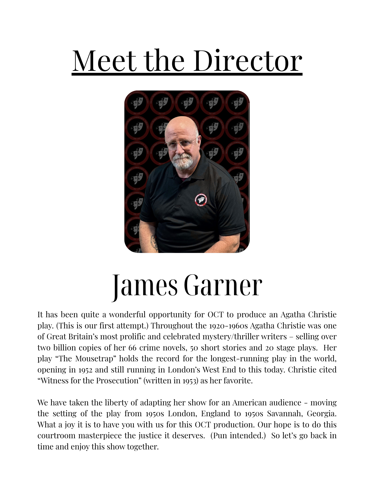 Meet the Director poster featuring a photo of James Garner, an introduction to his background and work, with a brief synopsis of the play and its adaptation for an American audience.