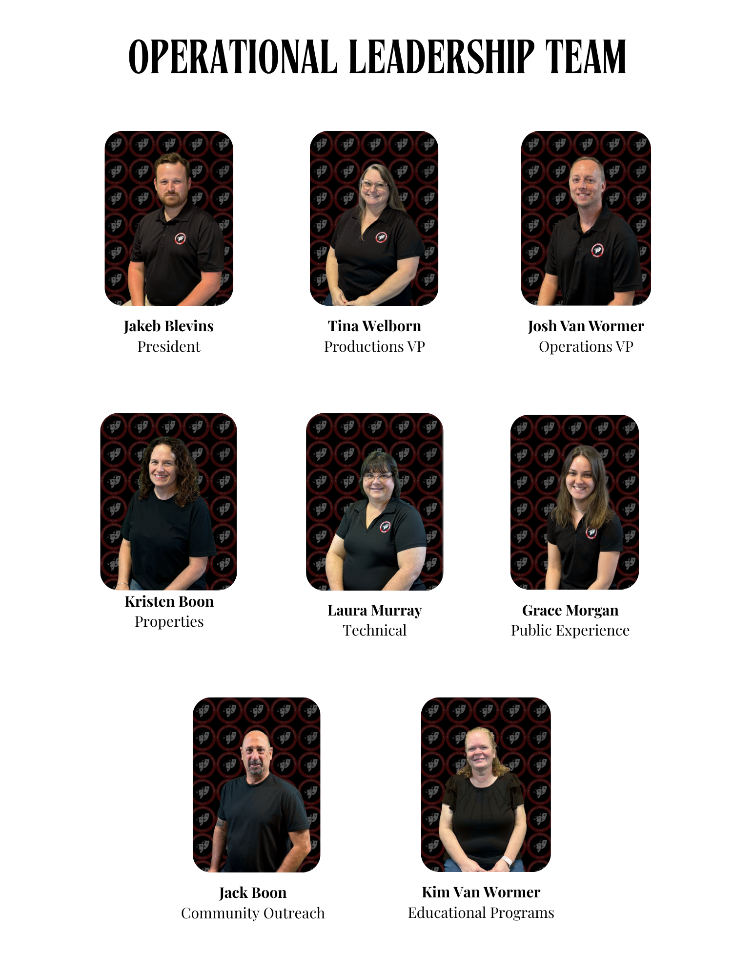 Group photo of eight team members labeled as operational leadership team, with names and roles, each wearing black attire, posing against a black background with red and white logo pattern.