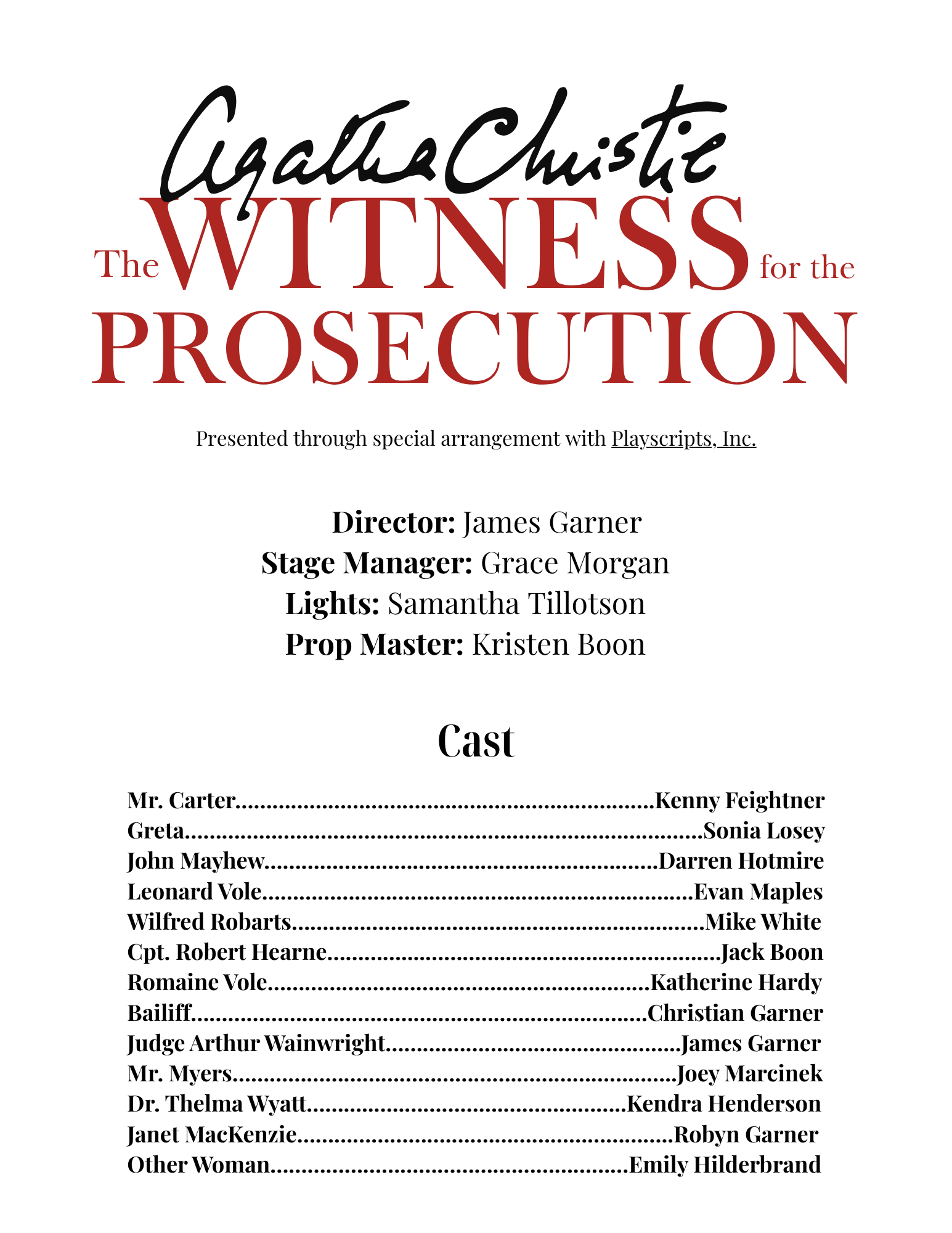The image depicts the title page of a theatrical production of 'The Witness for the Prosecution,' written by Agatha Christie. It includes the director, stage manager, lighting designer, and prop master, along with a cast list including Kenny Feightne
