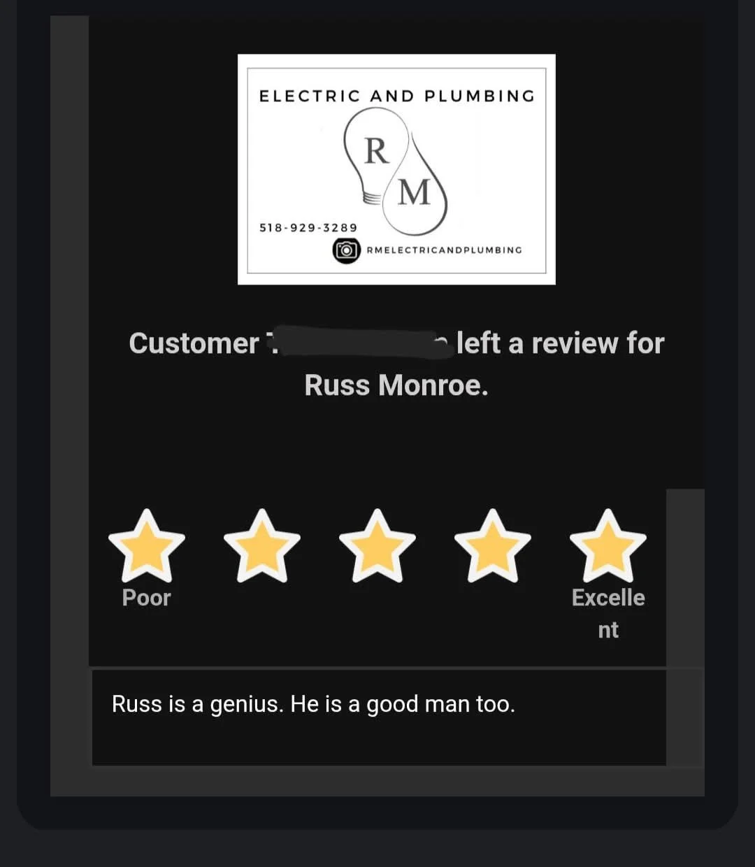 A 5-star customer review for RM Electric & Plumbing praising the team for being knowledgeable, helpful, and professional during a local service call in the Hudson Valley.