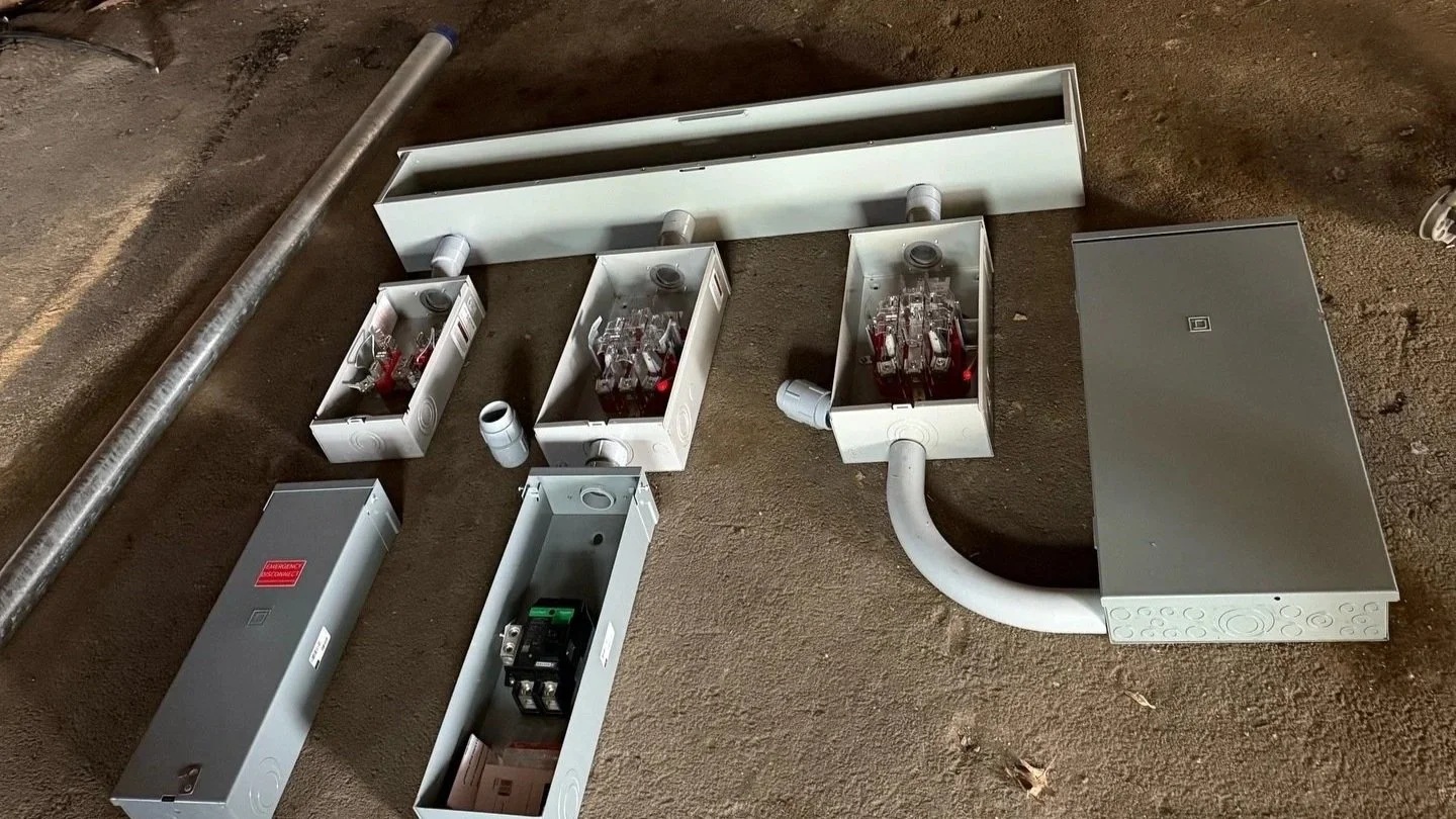 Professional staging of a multi-unit electrical meter bank and service disconnects by RM Electric & Plumbing for a commercial or multi-family project in the Hudson Valley.