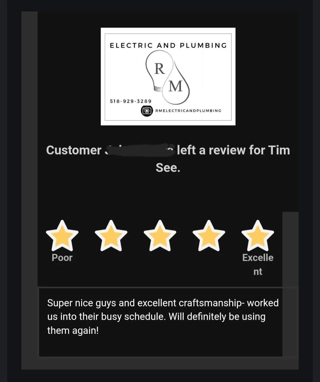 A 5-star customer review for RM Electric & Plumbing praising the team for being knowledgeable, helpful, and professional during a local service call in the Hudson Valley.