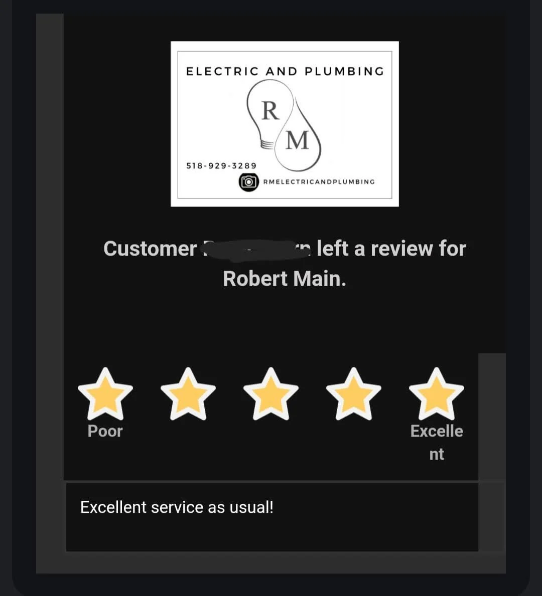 A 5-star customer review for RM Electric & Plumbing praising the team for being knowledgeable, helpful, and professional during a local service call in the Hudson Valley.