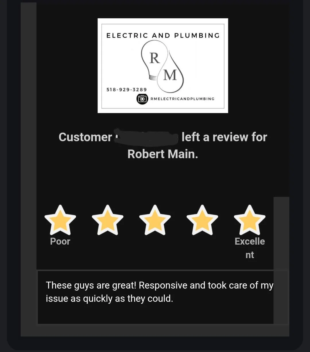 A 5-star customer review for RM Electric & Plumbing praising the team for being knowledgeable, helpful, and professional during a local service call in the Hudson Valley.