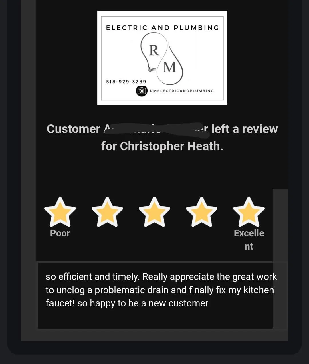 A 5-star customer review for RM Electric & Plumbing praising the team for being knowledgeable, helpful, and professional during a local service call in the Hudson Valley.