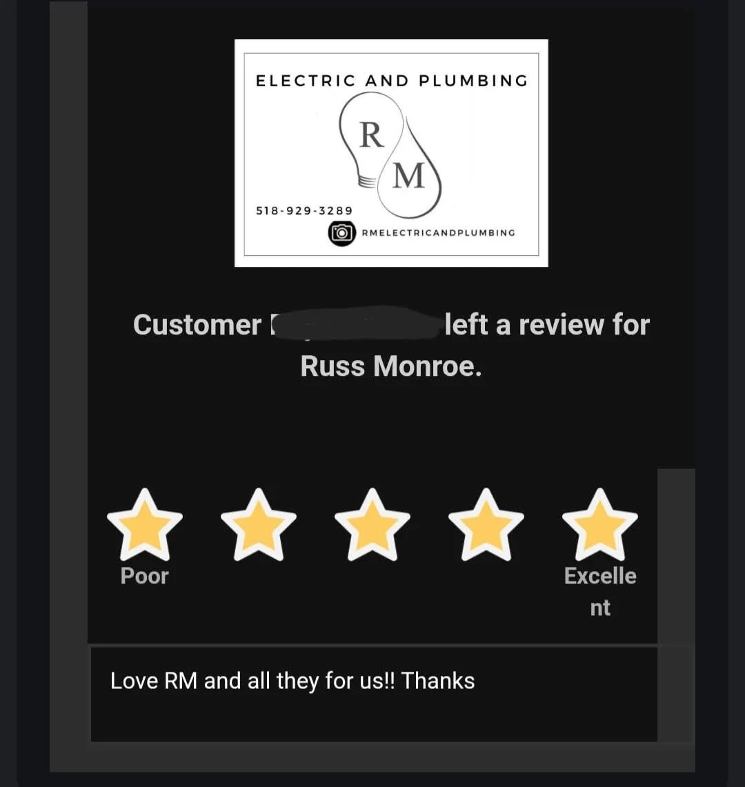 A 5-star customer review for RM Electric & Plumbing praising the team for being knowledgeable, helpful, and professional during a local service call in the Hudson Valley.