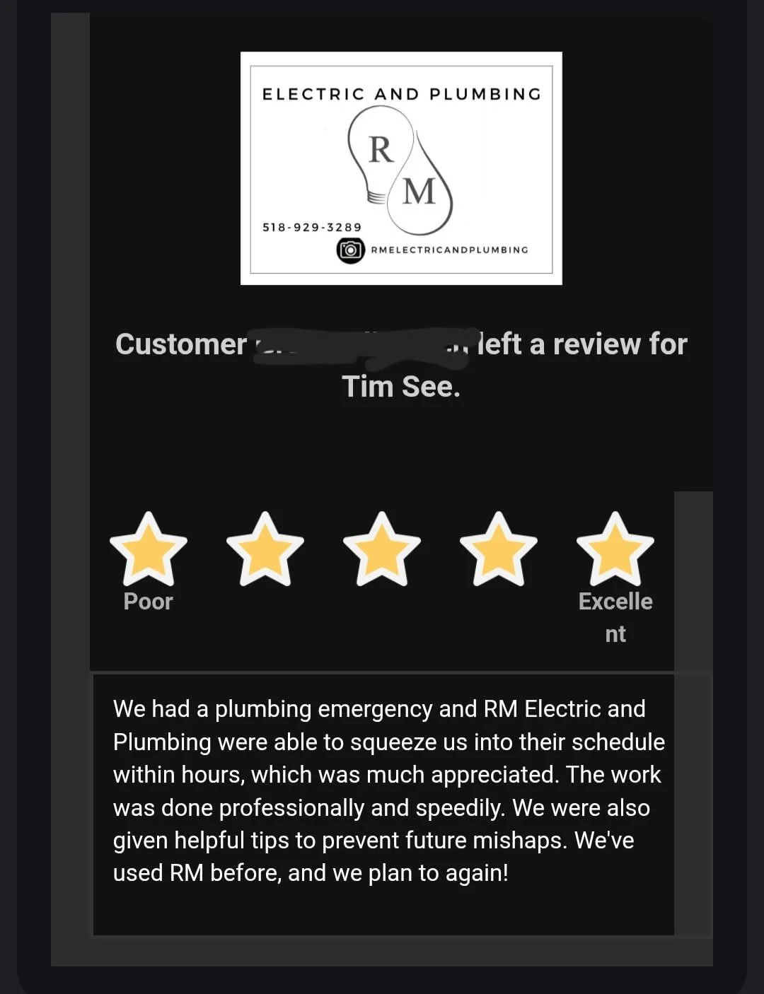 A 5-star customer review for RM Electric & Plumbing praising the team for being knowledgeable, helpful, and professional during a local service call in the Hudson Valley.