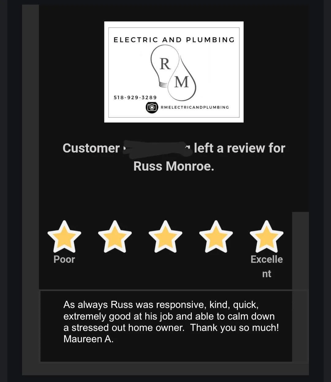 Review notification for Russ Monroe, a customer who rated the electric and plumbing service five stars, with positive feedback about Russ's responsiveness, kindness, and professionalism.