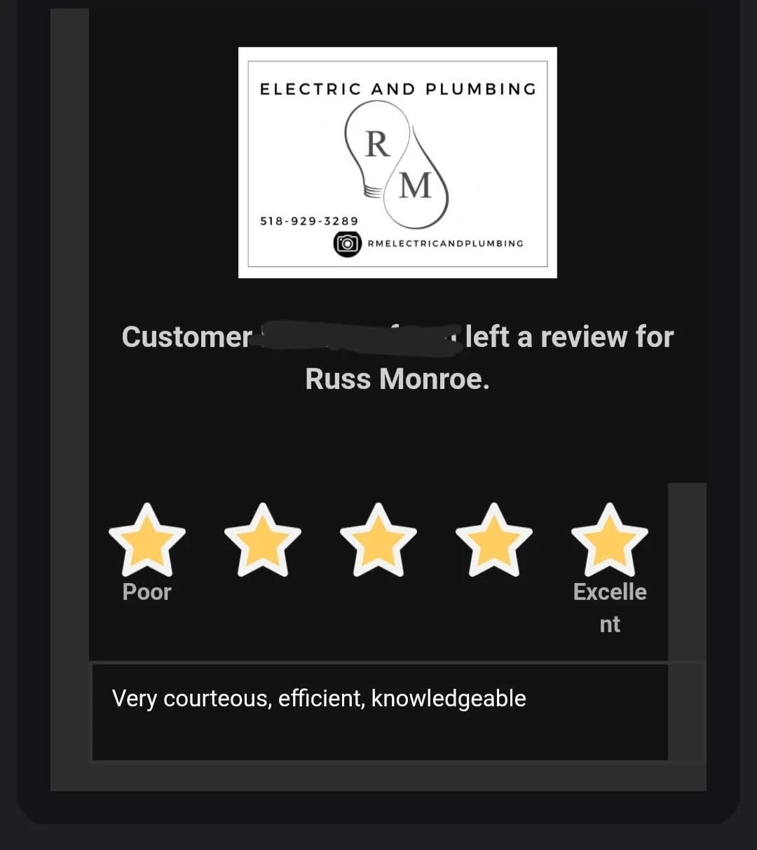 A 5-star customer review for RM Electric & Plumbing praising the team for being knowledgeable, helpful, and professional during a local service call in the Hudson Valley.