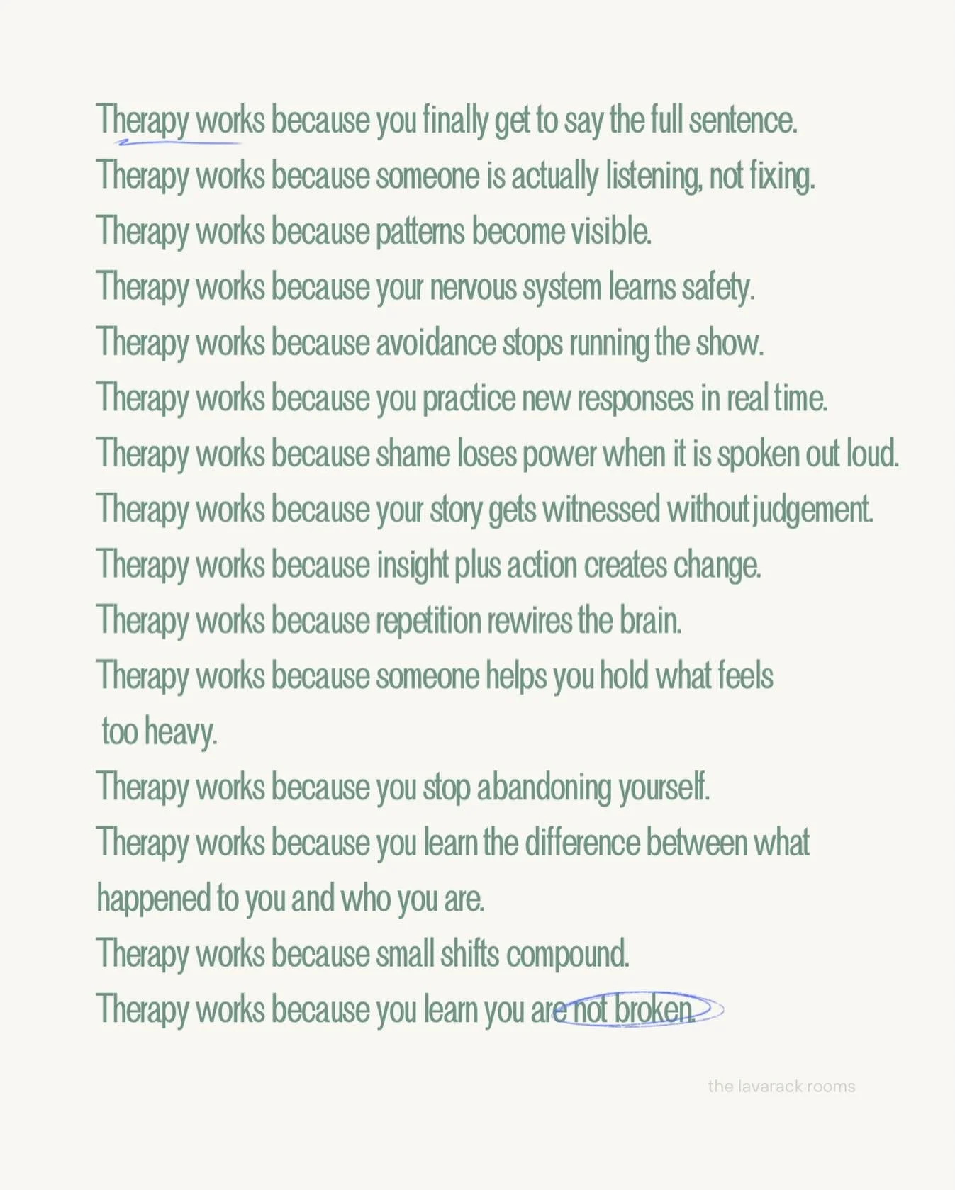 Seen 👀
Heard 👂
Supported 🤝
Changed 🌱

@maddisonbracey.psychology 
@ah.psychology 
@satya.psychology 

Find your therapist via the link in our bio ☁️