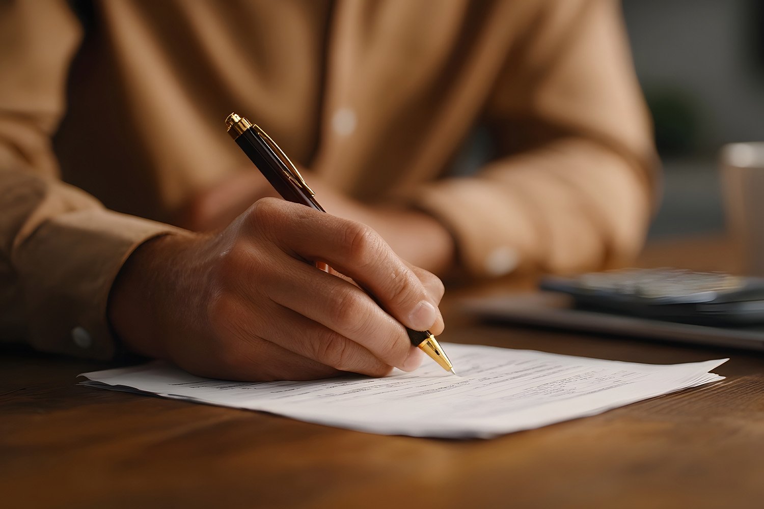 A person writing on a piece of paper with a black and gold pen, sitting at a wooden desk.