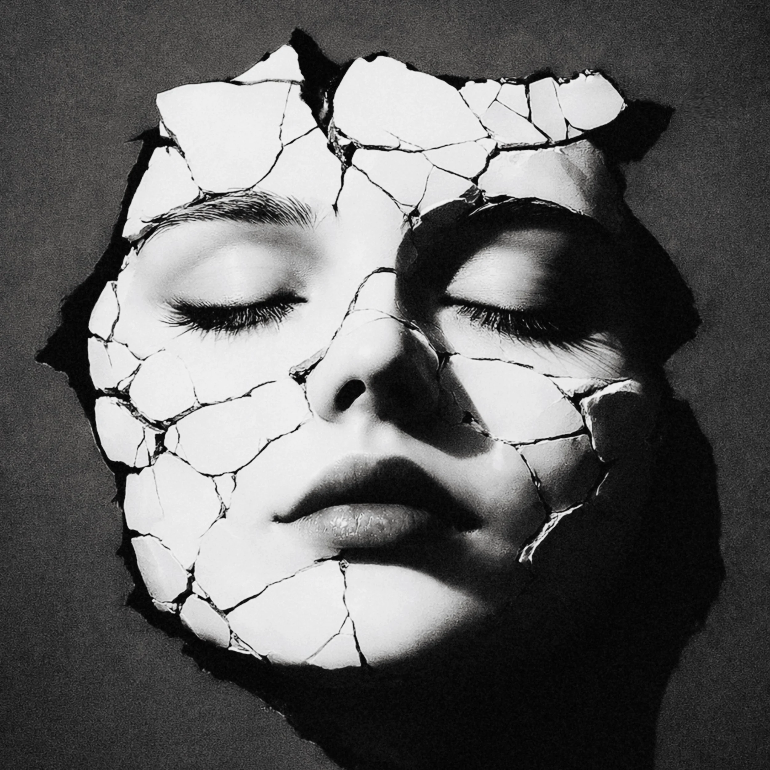 Porcelain by Tyler Shields, black and white photographic portrait of a woman’s face appearing cracked like porcelain, contemporary fine art photography.