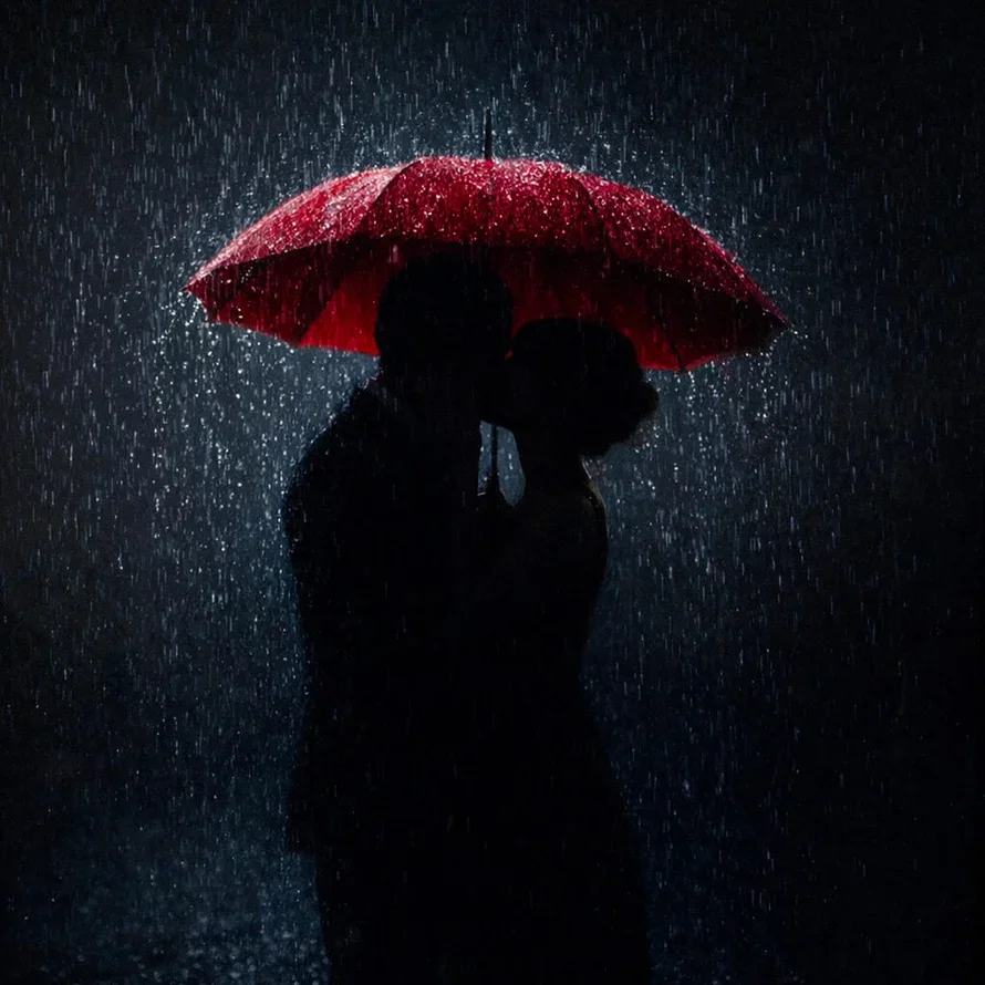 Under the Umbrella by Tyler Shields, photographic silhouette of a couple kissing beneath a red umbrella in the rain, contemporary fine art photography
