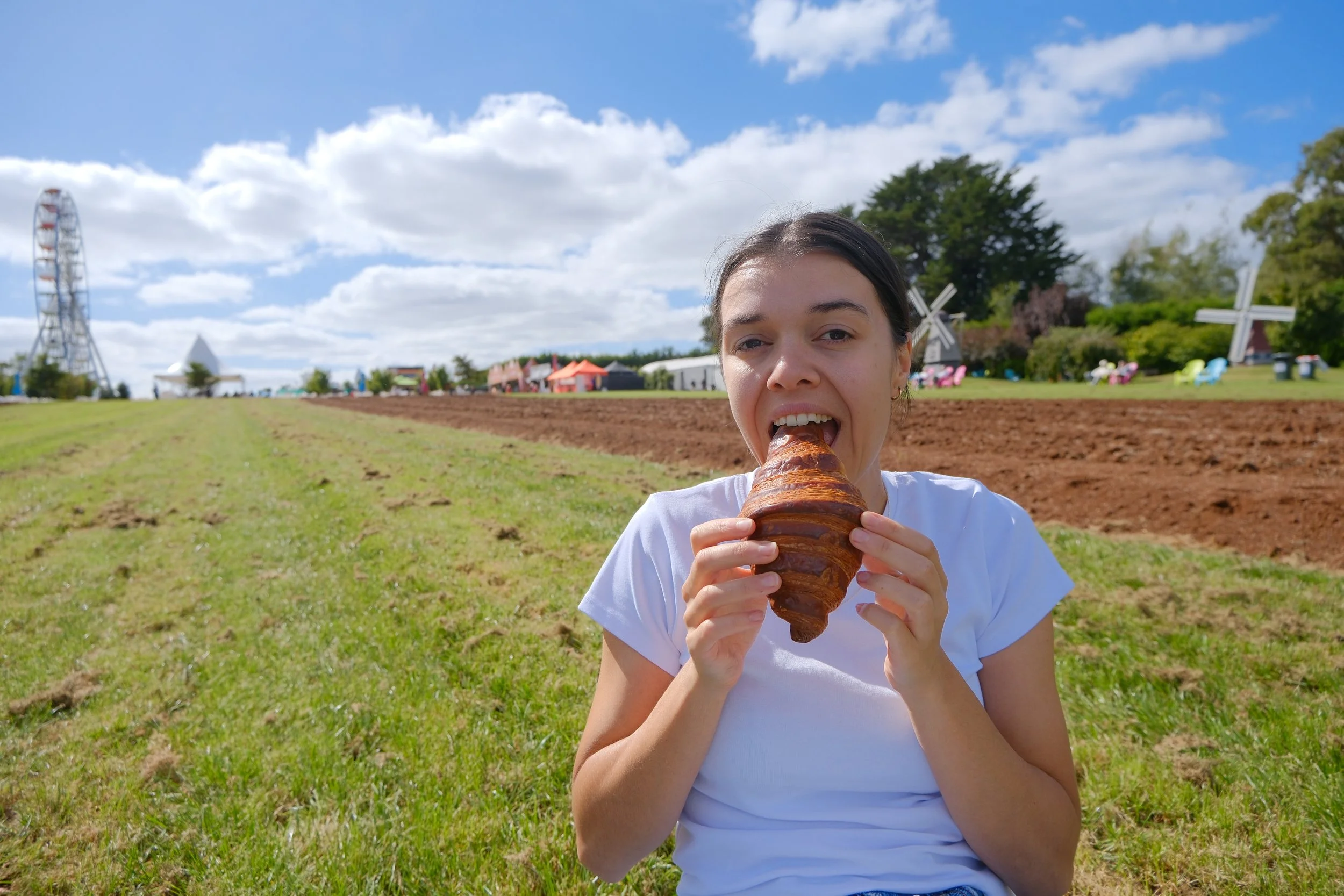 Mixed fresh fruits on the left including oranges, limes, tomatoes, grapes, avocados, kiwi, and grapefruit; on the right, assorted snacks and desserts including donuts, cheeseburgers, popcorn, chips, a croissant, and marshmallows.