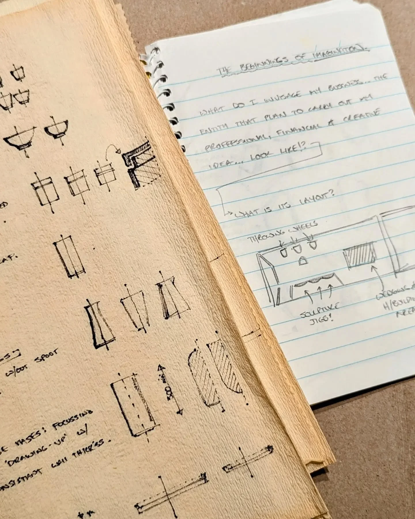 Sifting through paperwork during my week off classes gave me the opportunity to stumble across the very first notes I made when beginning to dream the idea of my own pottery studio. I would sit and doodle (at my then job) and imagine all the beautifu
