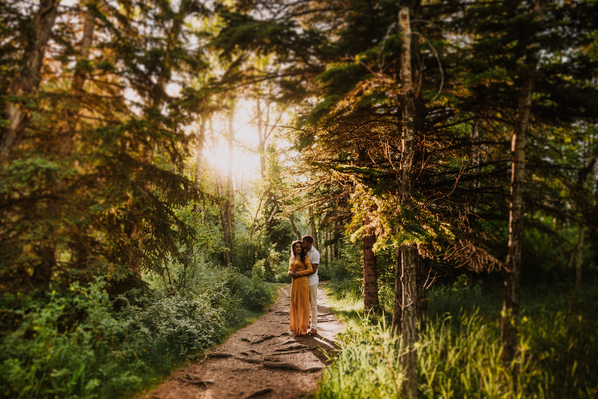 Couple embracing on a forest path with sunlight filtering through trees.