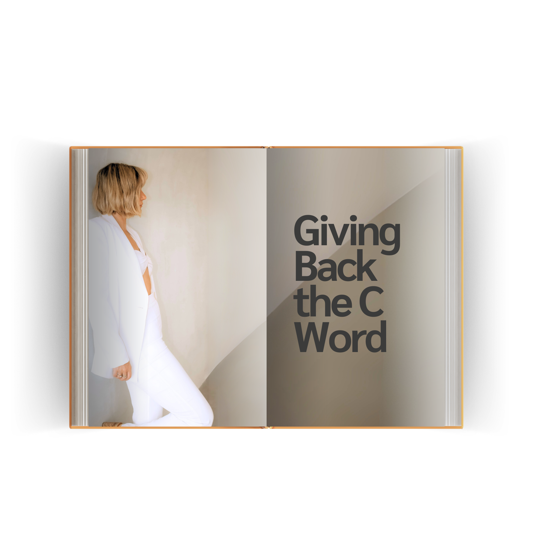 Open book with a photo of a woman dressed in white on the left page and the text 'Giving Back the C Word' on the right page.