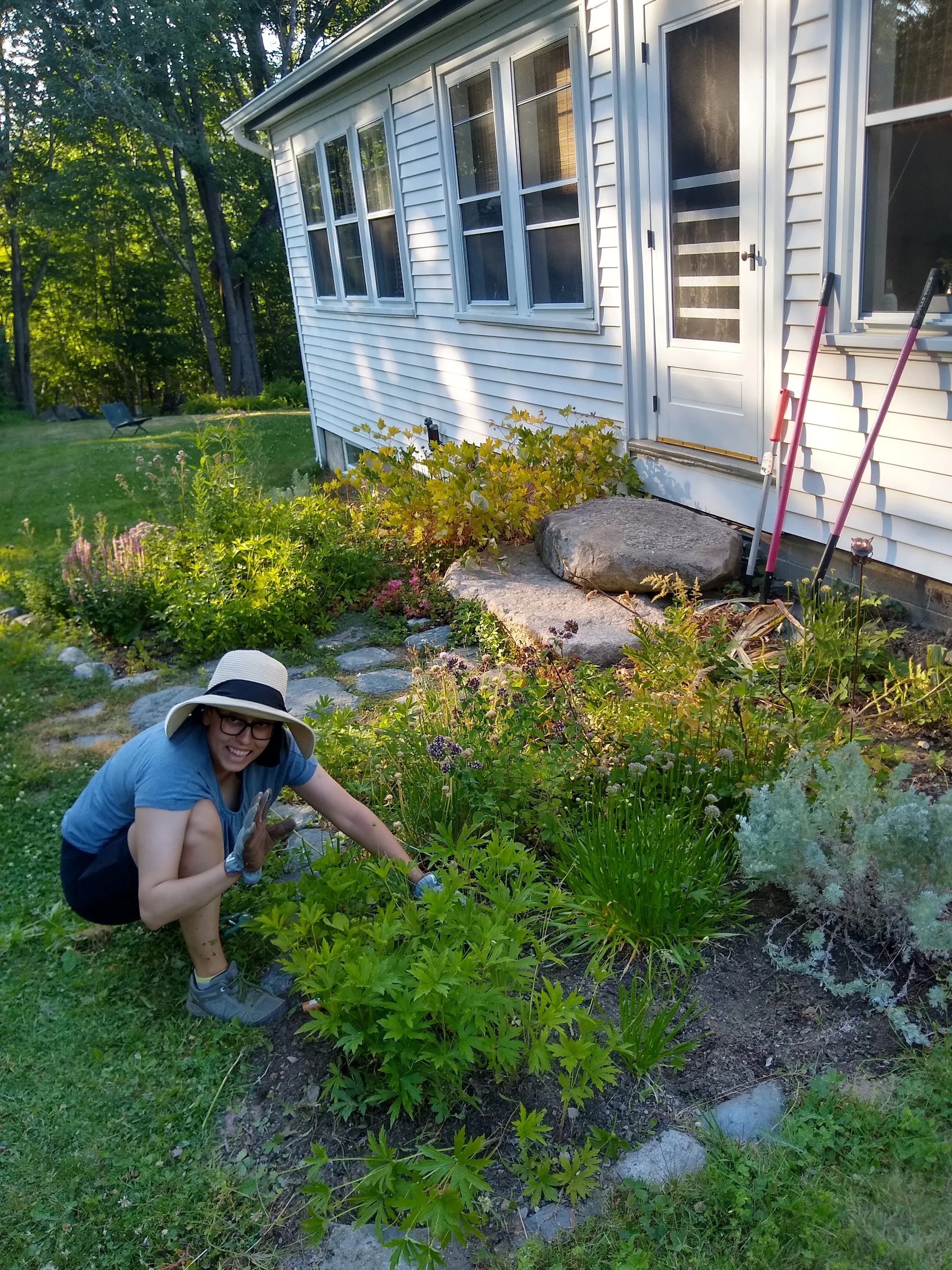 Dr. Lauren Manning tending her perennial garden on Mount Desert Island, Maine