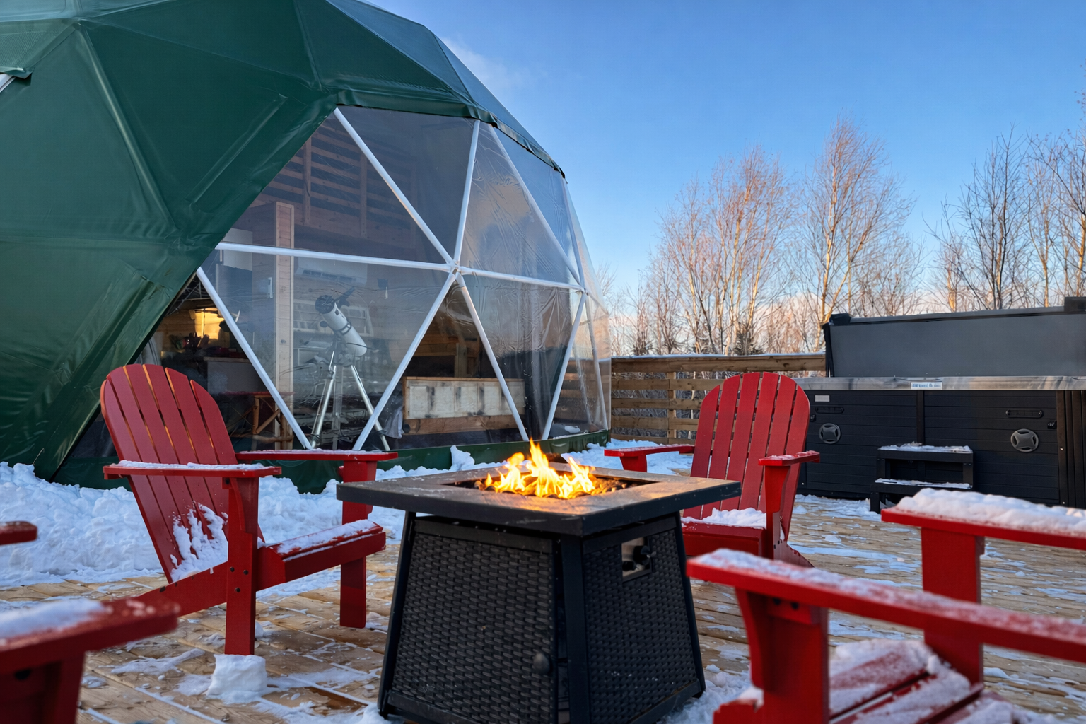 Cozy fireplace inside a glamping dome at PEI retreat