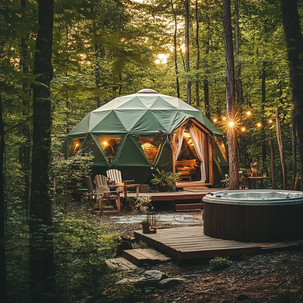 Geodesic dome cabin in a forest with outdoor hot tub and string lights