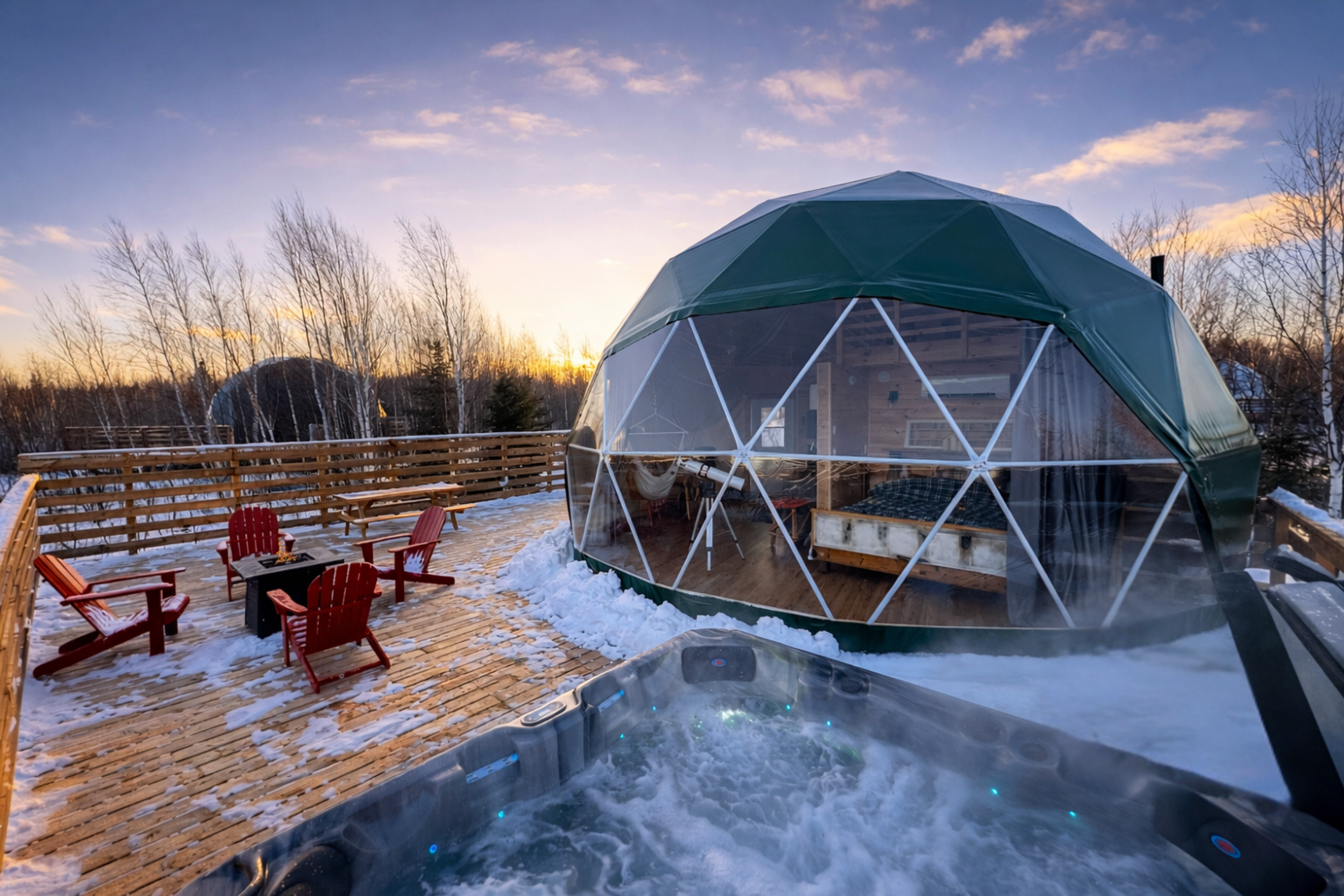Scenic outdoor view of glamping dome and surrounding landscape PEI