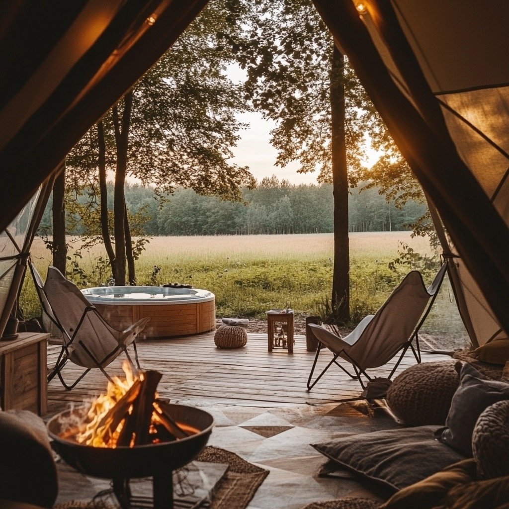 Glamping setup with a view of a field, featuring a wooden deck, fire pit with a lit fire, hot tub, and camping chairs surrounded by woodland scenery.