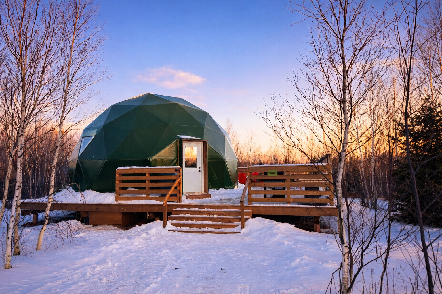 Front view of Birchwood Meadows glamping domes surrounded by nature