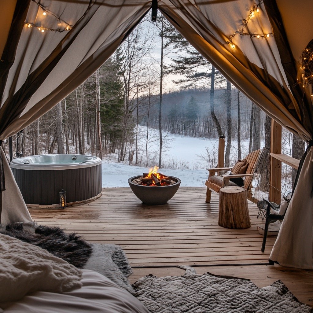 Cozy tent interior with a view of a snowy forest, featuring a hot tub, fire pit, wooden chairs, and string lights.