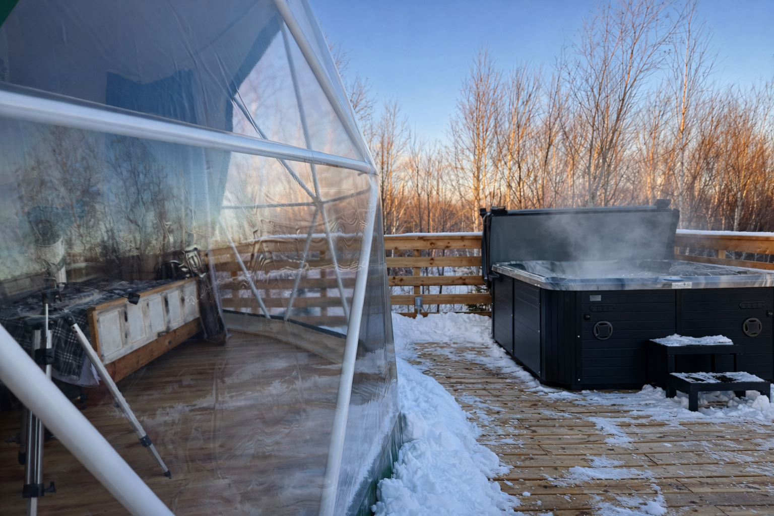 Luxury glamping dome exterior with private hot tub at sunset PEI
