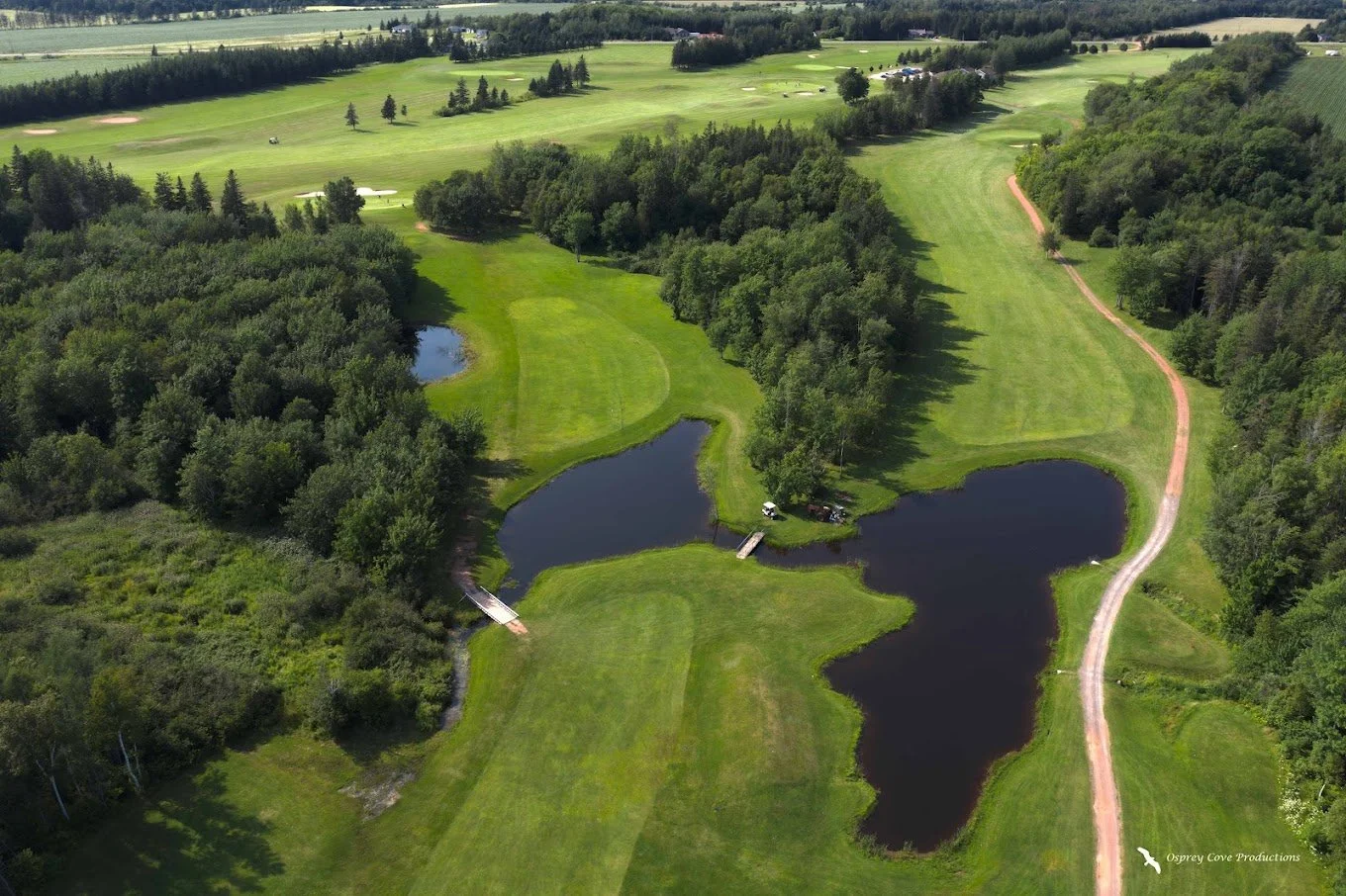 Aerial view of a golf course with green fairways, trees, and small ponds.
