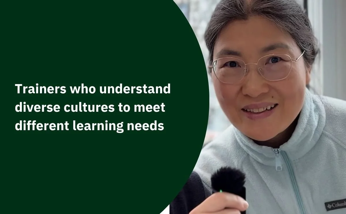 Susan, a SEE Program participant, smiling while holding a microphone next to text reading "Trainers who understand diverse cultures to meet different learning needs.