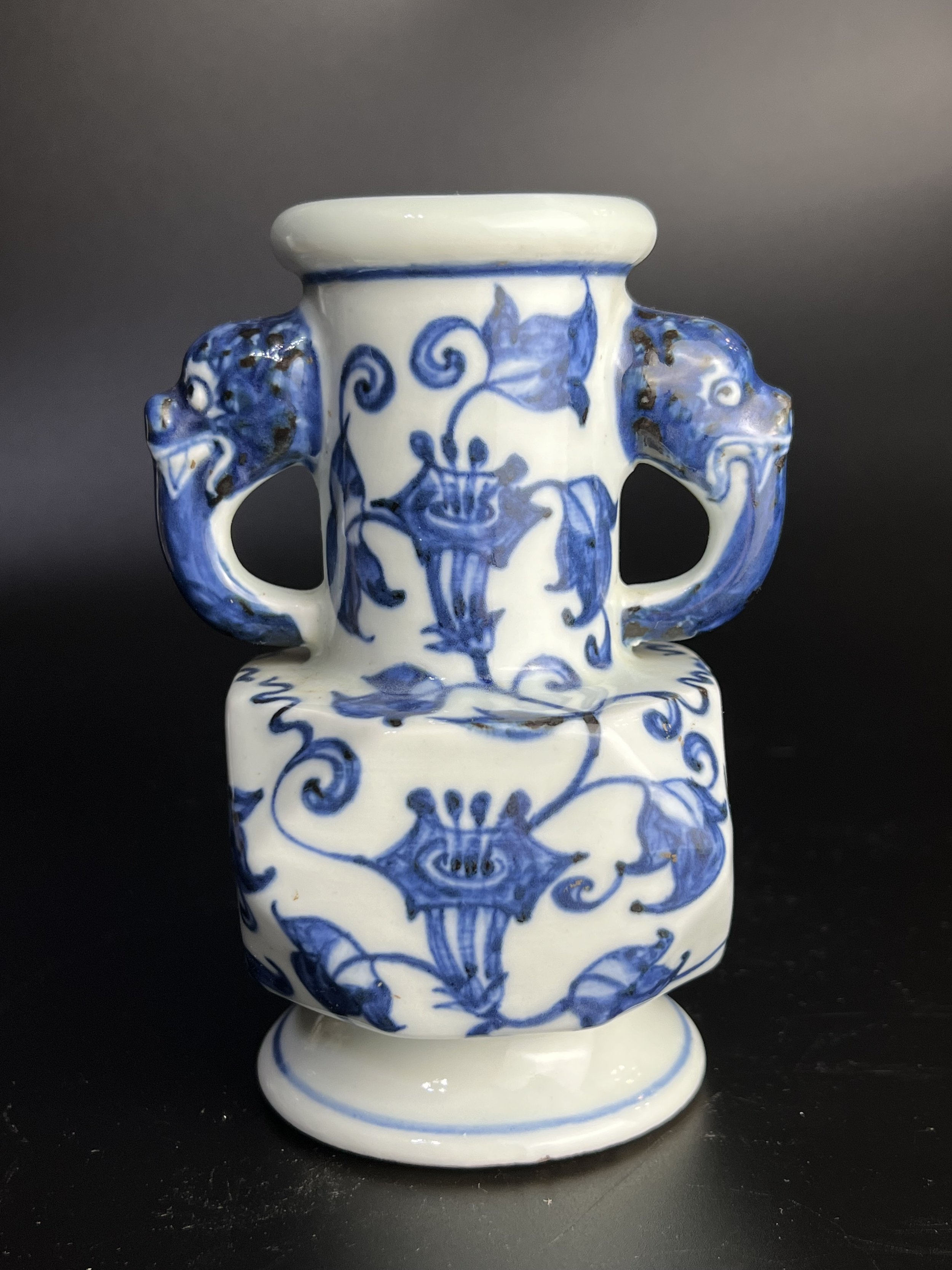 Xuande Blue-and-White Square Vase with Morning Glory Design and Elephant-Head Handles