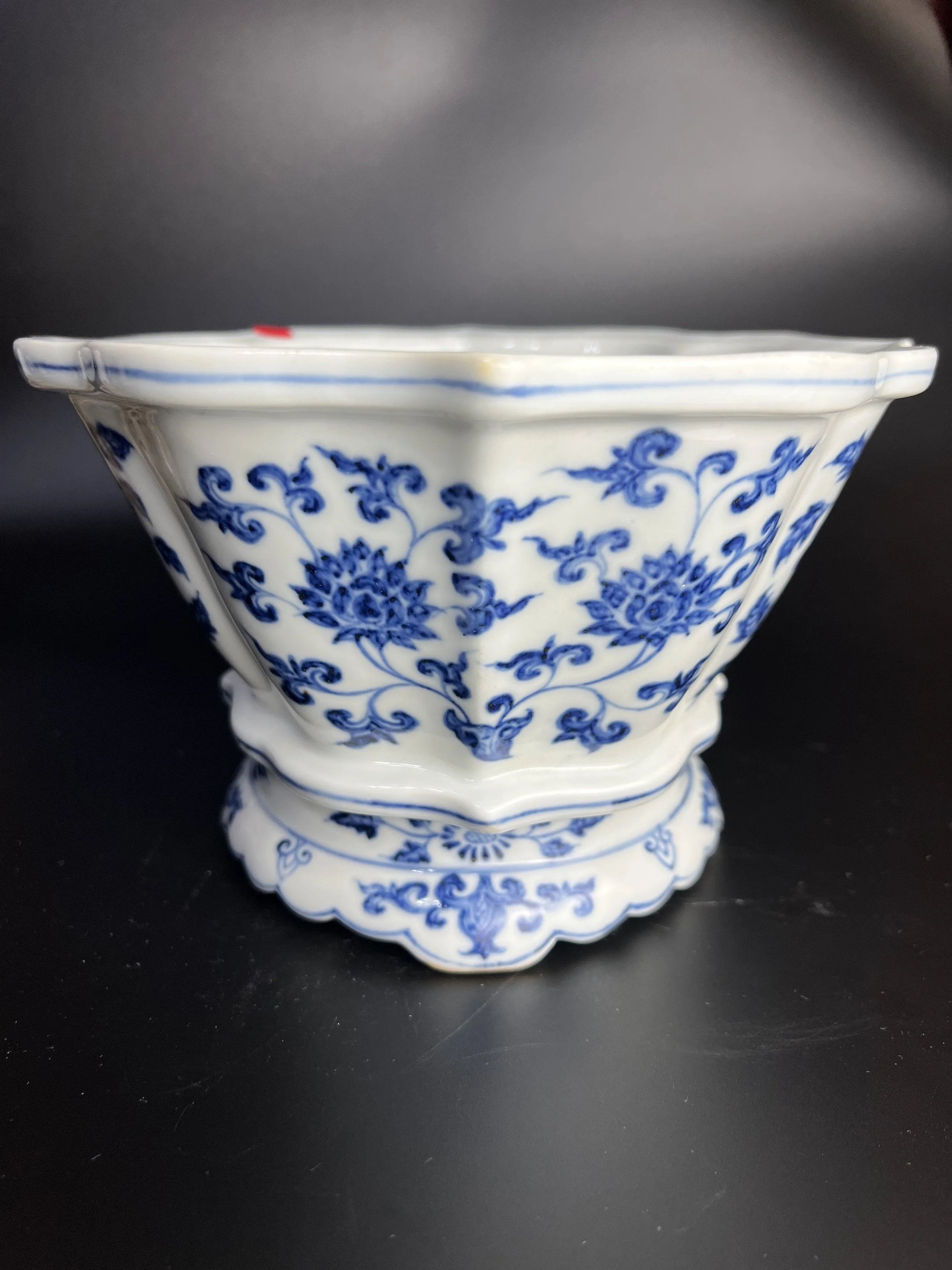 A Blue-and-White Begonia-Shaped Flowerpot with Interlocking Floral Scrolls, Xuande Mark and Period