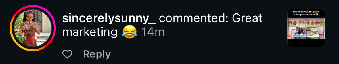 Instagram comment on a social media post praising marketing