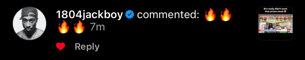 Screenshot of a social media comment section showing a verified user, 1804jackboy, with fire emojis and a small thumbnail image of a meme or video about prison snacks.