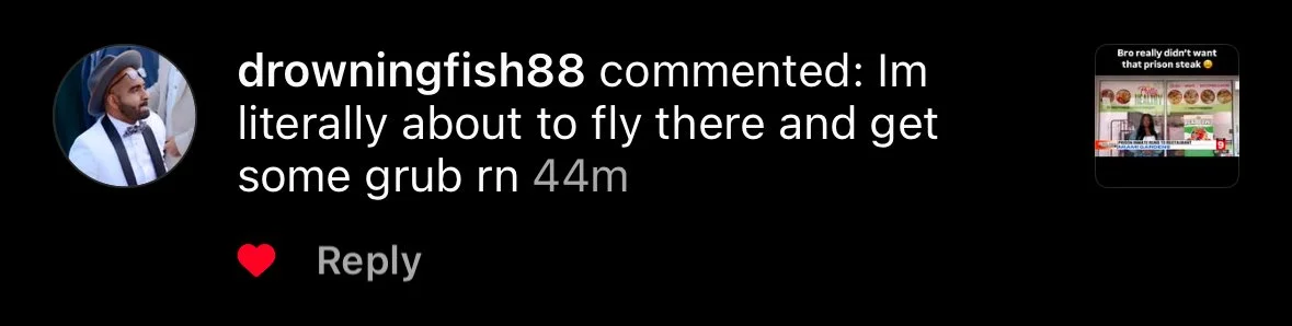 Screenshot of a TikTok comment from user drowningfish88 about flying to get some food, with a small thumbnail of the TikTok video showing a woman and a fast-food restaurant.
