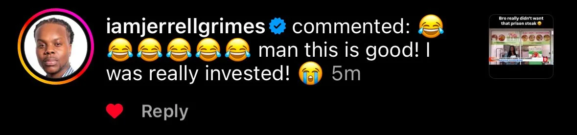 Screenshot of a social media comment by jacobjerrrellgrimes with laughing and crying emojis, praising a service or product, with a small thumbnail of another video or post in the top right corner.