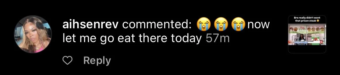 A social media post with a person’s profile picture and a comment about eating at a restaurant, including crying emojis and a small thumbnail image of a fast food restaurant menu.