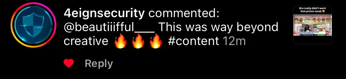 Screenshot of a social media comment mentioning a video of a prison steak, with a small thumbnail image of the video showing a menu and a woman in the kitchen as part of the comment.