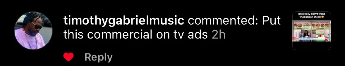 Screenshot of a social media comment section featuring a user with a profile picture wearing sunglasses and a light purple shirt, commenting on a request to put a commercial on TV ads, with a small thumbnail showing a colorful fast food restaurant menu in the top right corner.