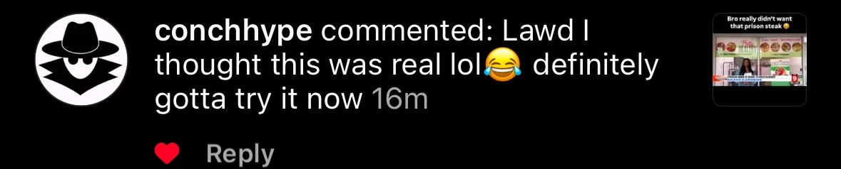 A social media post showing a screenshot of a YouTube video. The video displays a menu with various types of prison steak and other food options, with the caption "Bro really didn't want that prison steak :D"