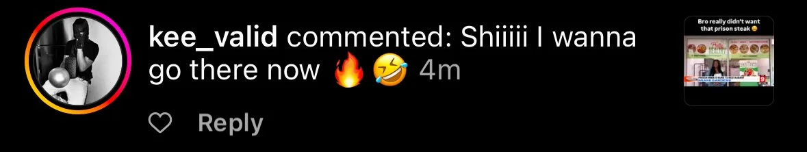 A social media comment with a small preview of an image showing a person in front of a menu with various burger options, and a caption that says 'Bro really didn't want that prison steak'.