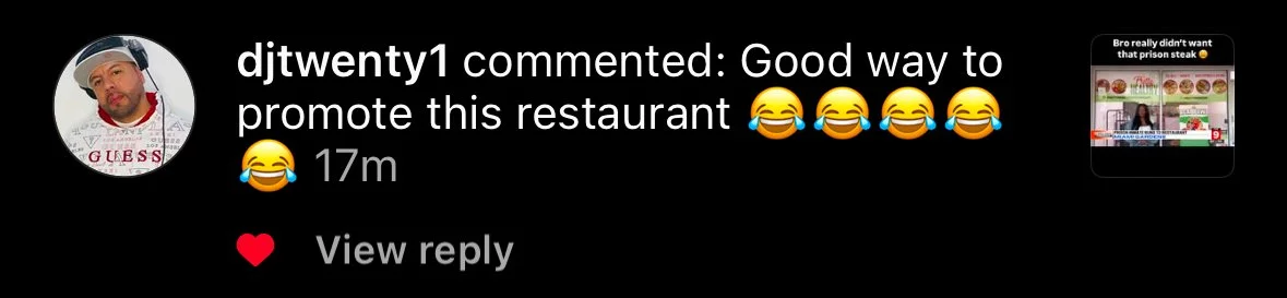 A TikTok comment from user 'djtweny1' with text 'Good way to promote this restaurant' and multiple laughing emojis, along with a small thumbnail of a video showing a online menu or promotion for a restaurant.
