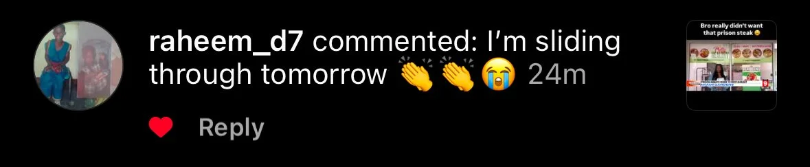 A social media post showing a preview of a video or shared content, with a caption that says, 'Bro really didn't want that prison steak' and an image of a person in a room with various items, possibly a kitchen or dining area.