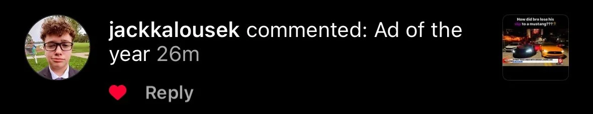 Instagram comment section showing a profile photo of a young man with glasses, and a reply with an image of two sports cars, a police car and a yellow car, at night with the text 'How did bro lose his lio to a mustang???'