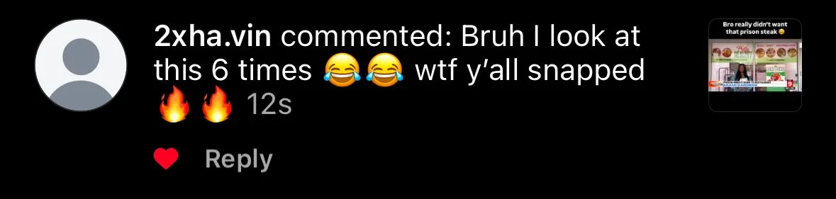 A screenshot of a social media comment and thumbnail, with the comment expressing amusement and mentioning someone looking at a photo six times. The thumbnail shows a humorous online food order or menu with multiple burger images and some text.