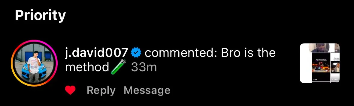 Social media comment section showing a verified user j.david007 commenting 'Bro is the method' with a pen emoji, 33 minutes ago.