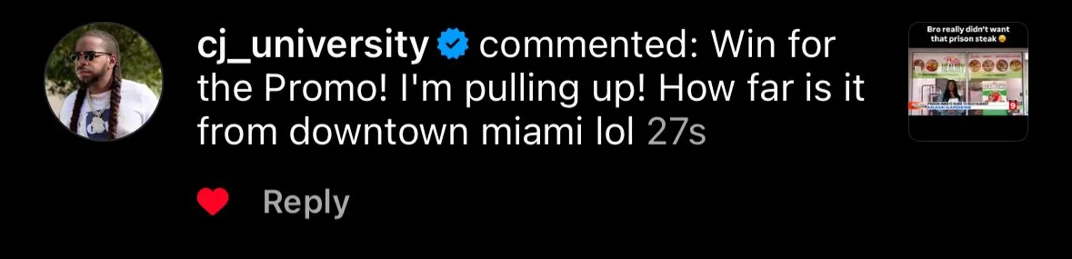 Screenshot of a social media comment from cj_university mentioning a promotion and asking about the distance from downtown Miami, with a small preview of an online menu or advertisement for a restaurant.